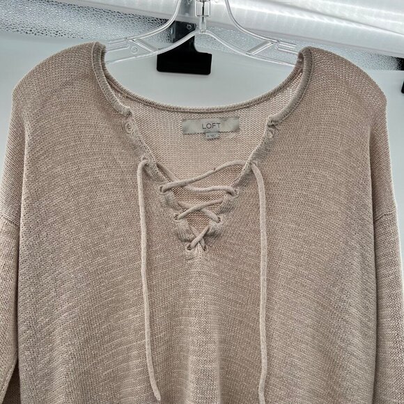 Ann Taylor Loft Women's Crisscross Tie Neck Pullover Sweater Beige Size Medium - Picture 2 of 9